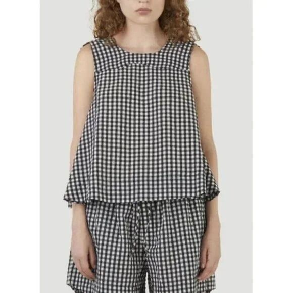 Ganni Seersucker Peplum Top 40 Us 8-10 Black White Plaid Tank Blouse Gingham - Picture 15 of 15